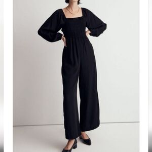 Madewell‎ Black Lucie Tie Back Smocked Long Sleeve Jumpsuit Romper Womens Size 4